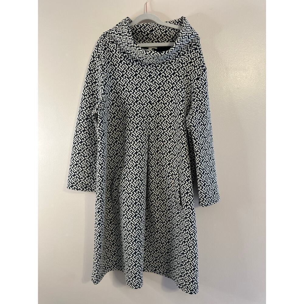 Tyler Boë 3/4 Length Sleeve Kristen Preppy Navy Greek Key Pleated Knit Dress Med